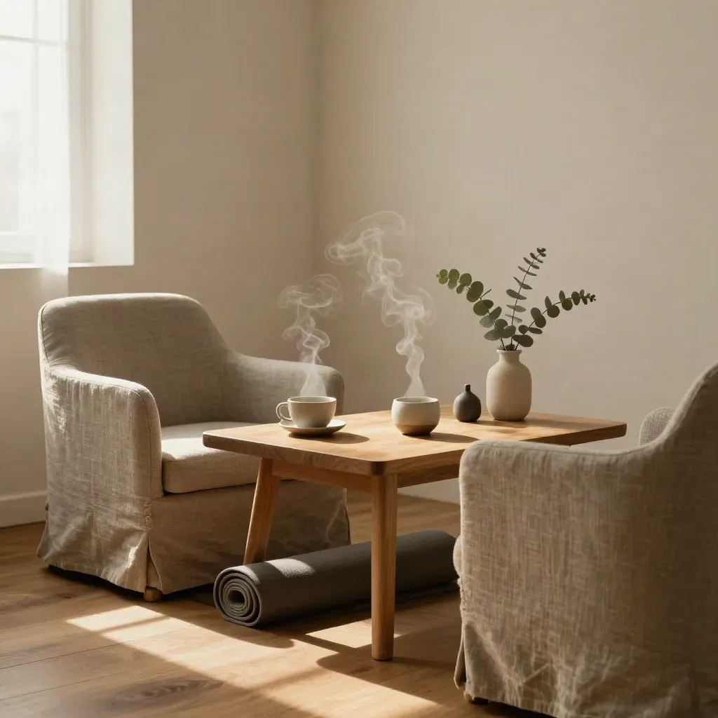 Serene wellness consultation nook with linen chairs, tea, yoga mat and diffuser.