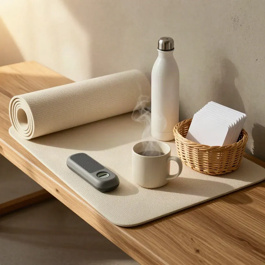 Top-down wellness kit with mat, step counter, water bottle, mug, and habit cards on pale oak.