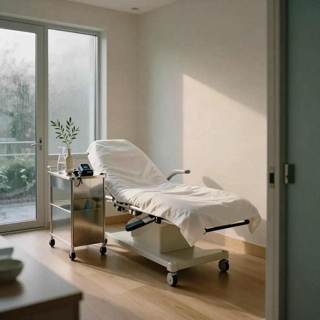 Wellness clinic interior with exam couch, vitals trolley, linens, carafe and olive branch.