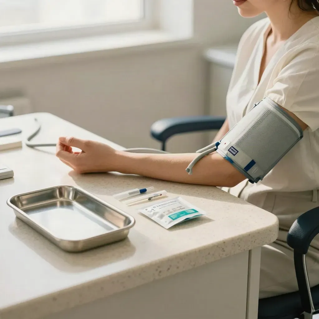 Preventive screening tools arranged on a travertine tray beside a blurred clinic chair.