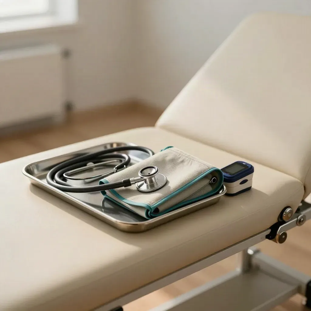 Checkup room still life with cuff, stethoscope, pulse oximeter and exam couch