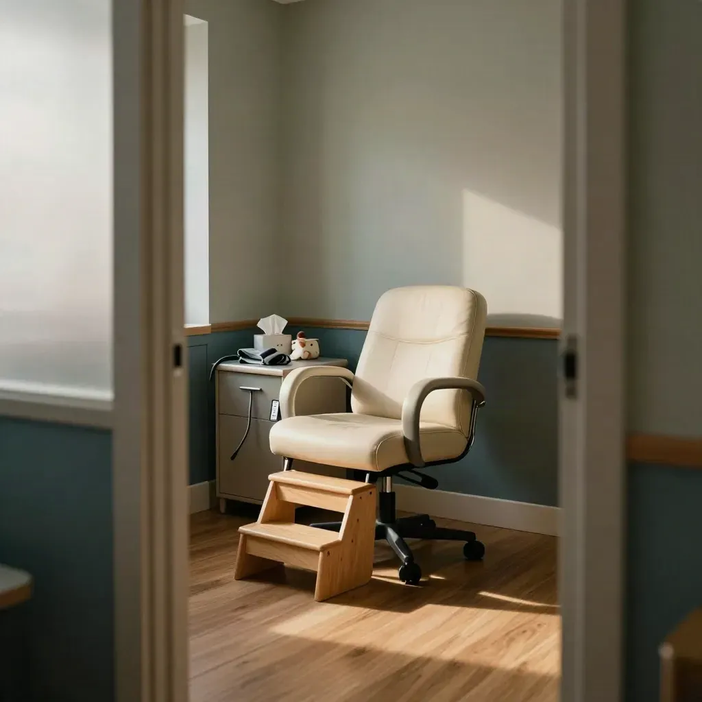 Empty family consultation room reset after checkup, with child step stool, cuff, tissues and soft daylight.