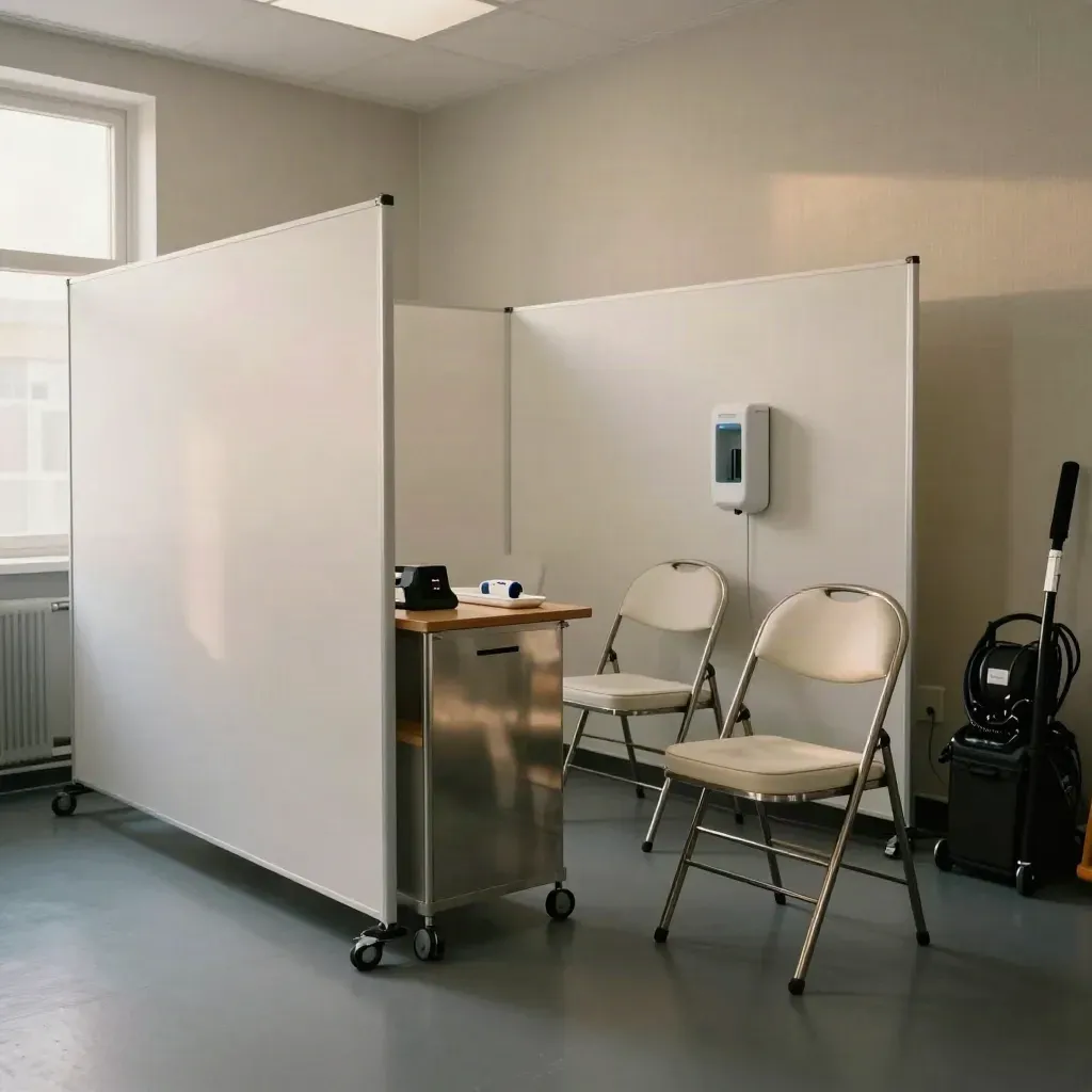Empty office screening bay with privacy screens, vitals cart, chairs and sanitizer, ready for staff checks.
