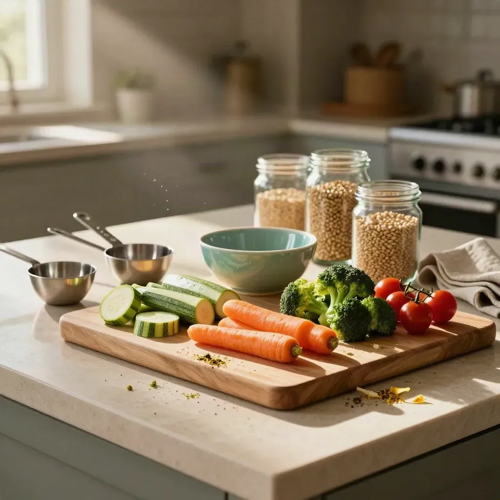 Meal-prep counter with vegetables, bowls, jars and spoons in dramatic kitchen light