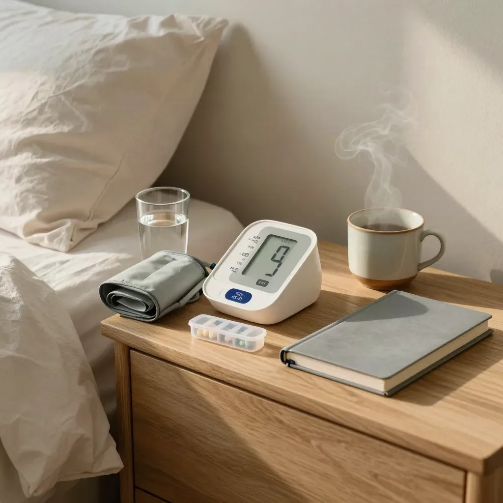 Bedside blood-pressure monitor, water glass, pill organizer, steam and notebook by a bed