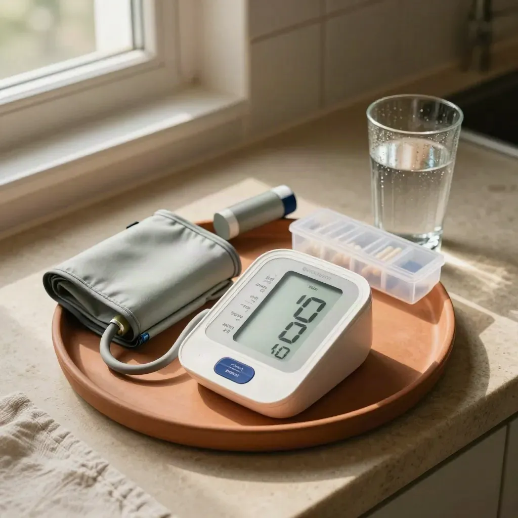 Overhead chronic care kit with blood pressure monitor, inhaler case, pill organiser and water glass.