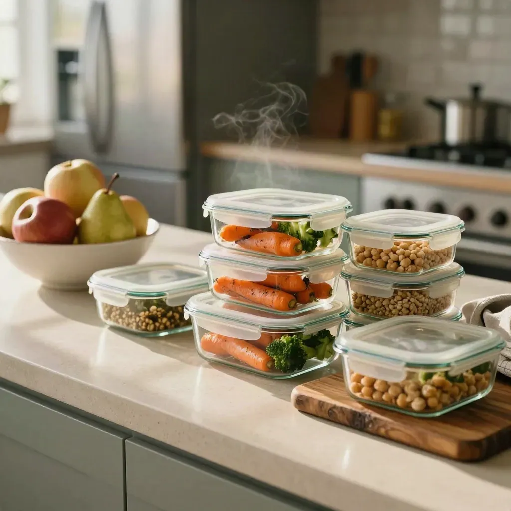 Meal-prepped lunch containers with roasted vegetables, fruit bowl, chopping board, and linen towel in a bright kitchen.