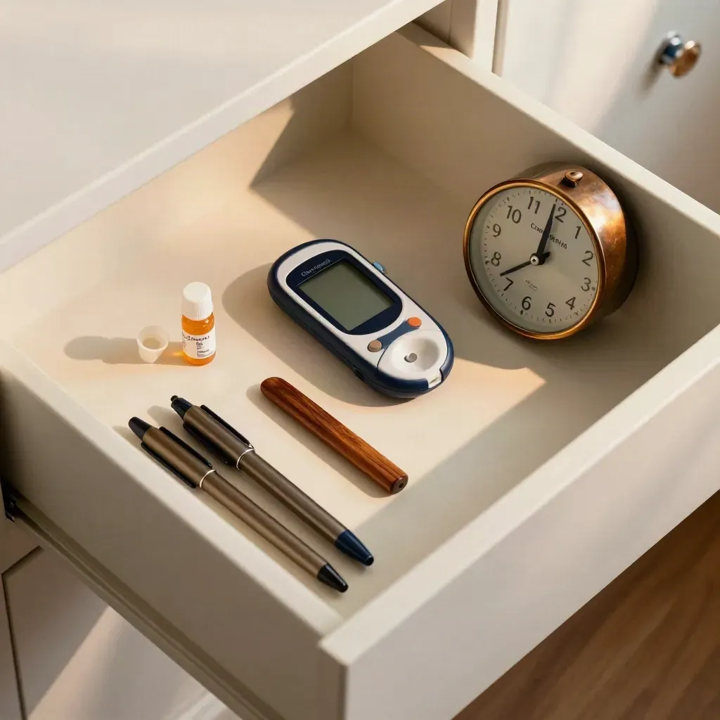 Organized diabetes follow-up kit in a home drawer with glucometer, strips, lancets, pens, and a reminder clock.
