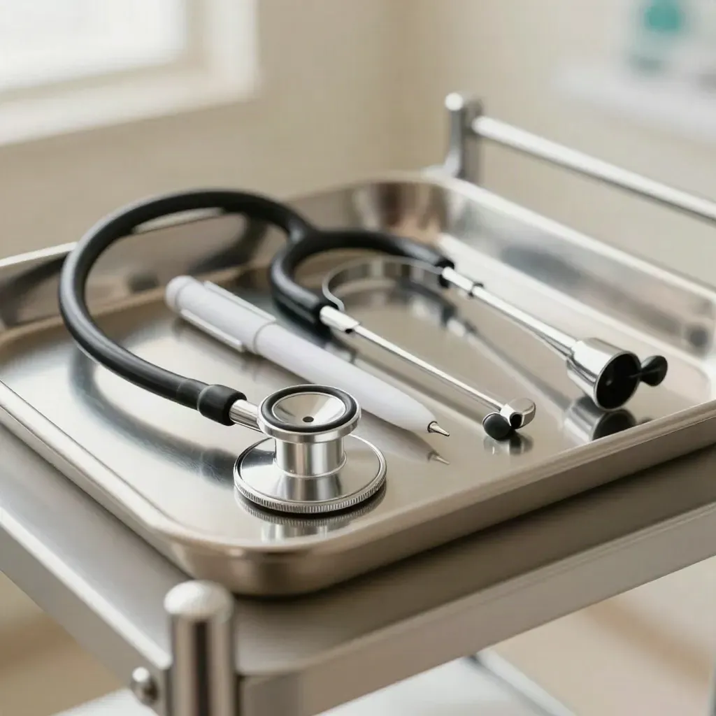 Macro clinical tools aligned on a stainless tray in a bright, calm wellness clinic