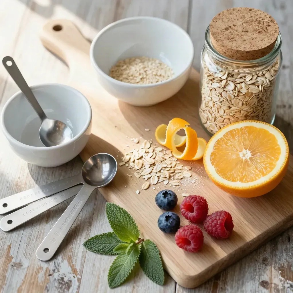 Overhead still life of bowls, oats jar, citrus, berries, spoons and a wooden board.