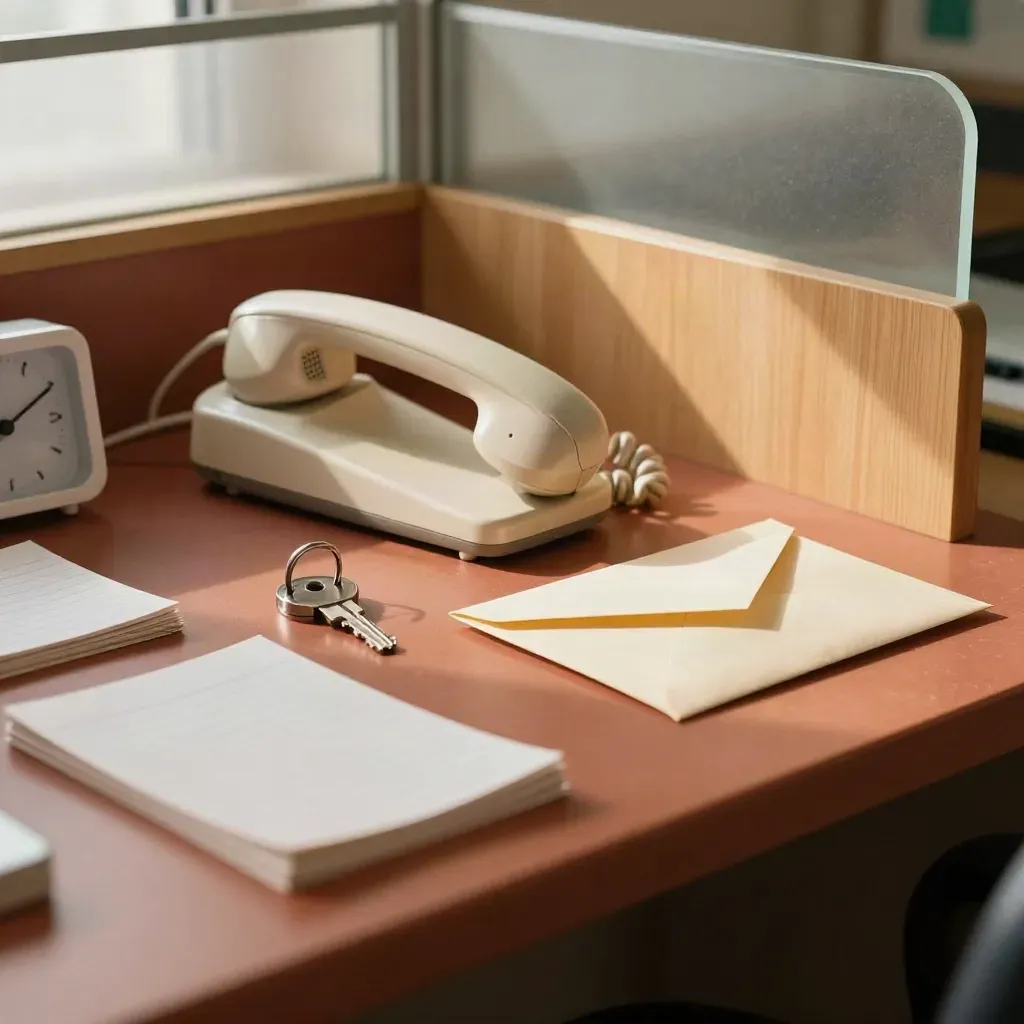 Phone cradle, clock, keys, envelope and face-down notes on a terracotta clinic counter.