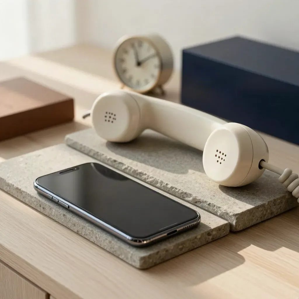 Smartphone, handset and clock on a stone tray in soft daylight