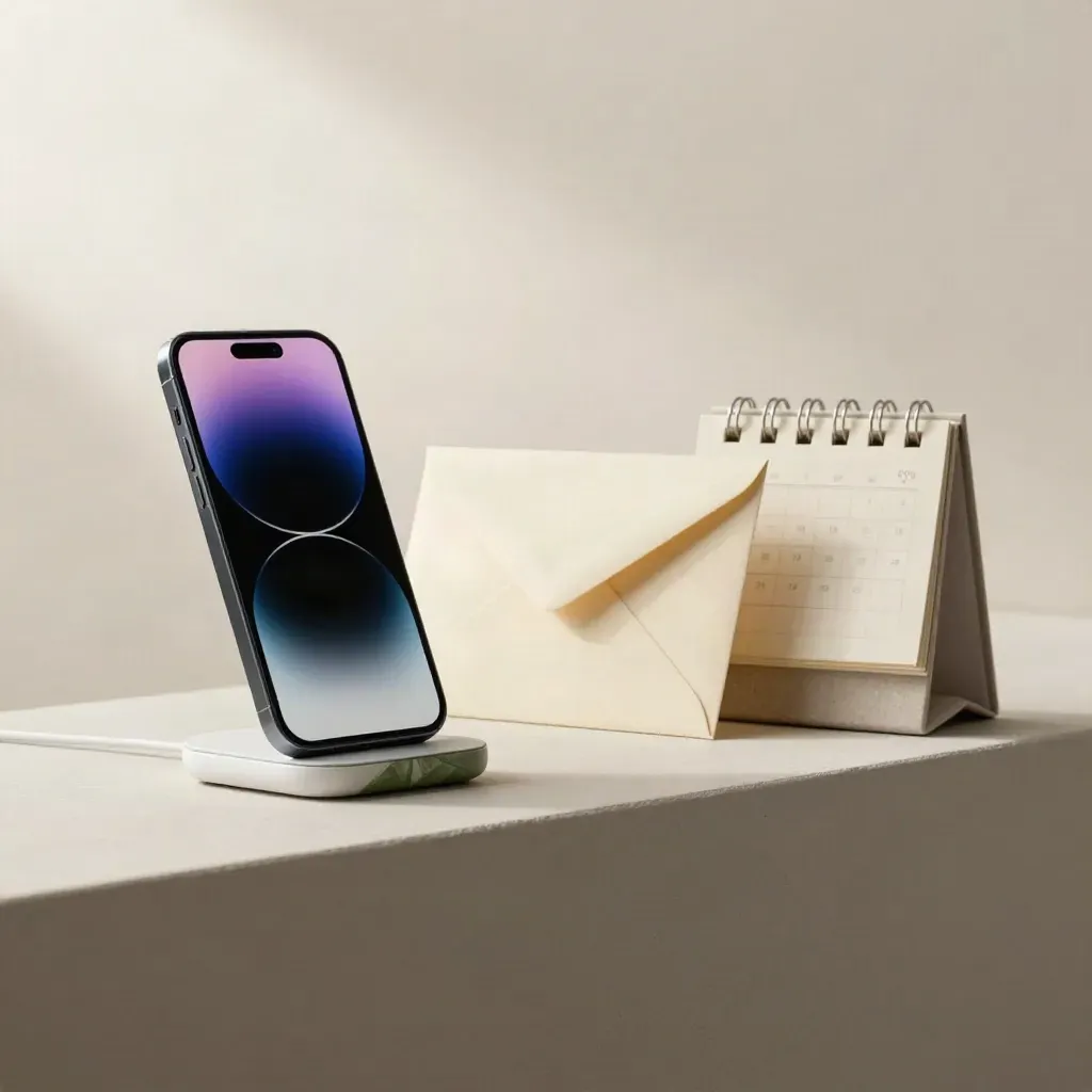 Smartphone on charger beside a sealed envelope and blank calendar block on a plaster shelf