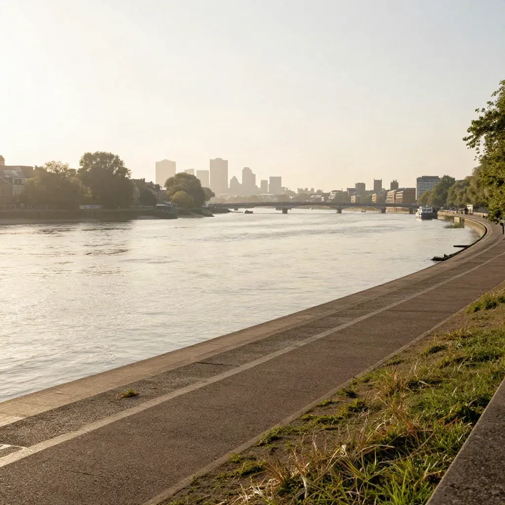 Hazy Thames sweep with west London skyline and riverside trees at golden hour.