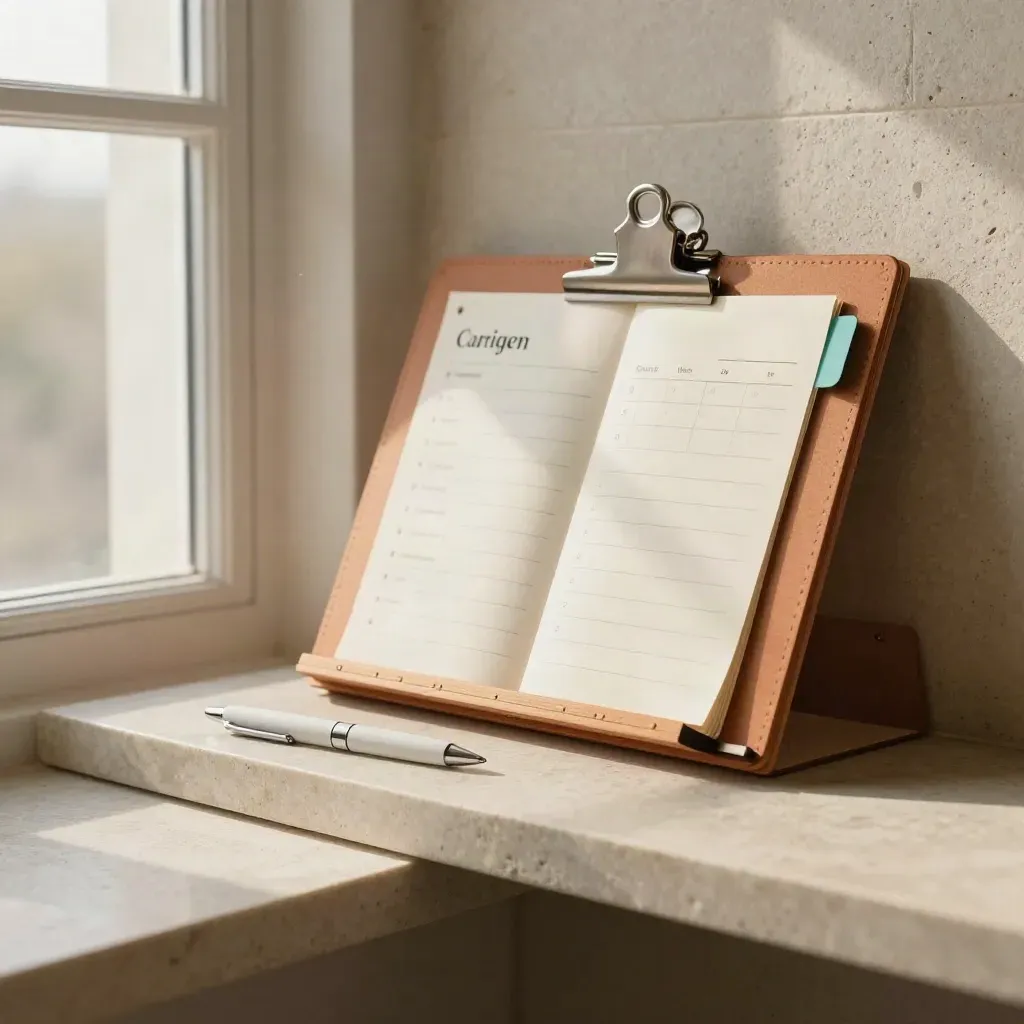 Accordion care-plan file, clipped pen, and tabs on a limestone shelf with soft teal accents.