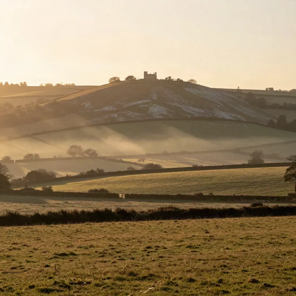 Box Hill chalk slopes, hedgerows, manor silhouette and hazy meadow in Surrey.