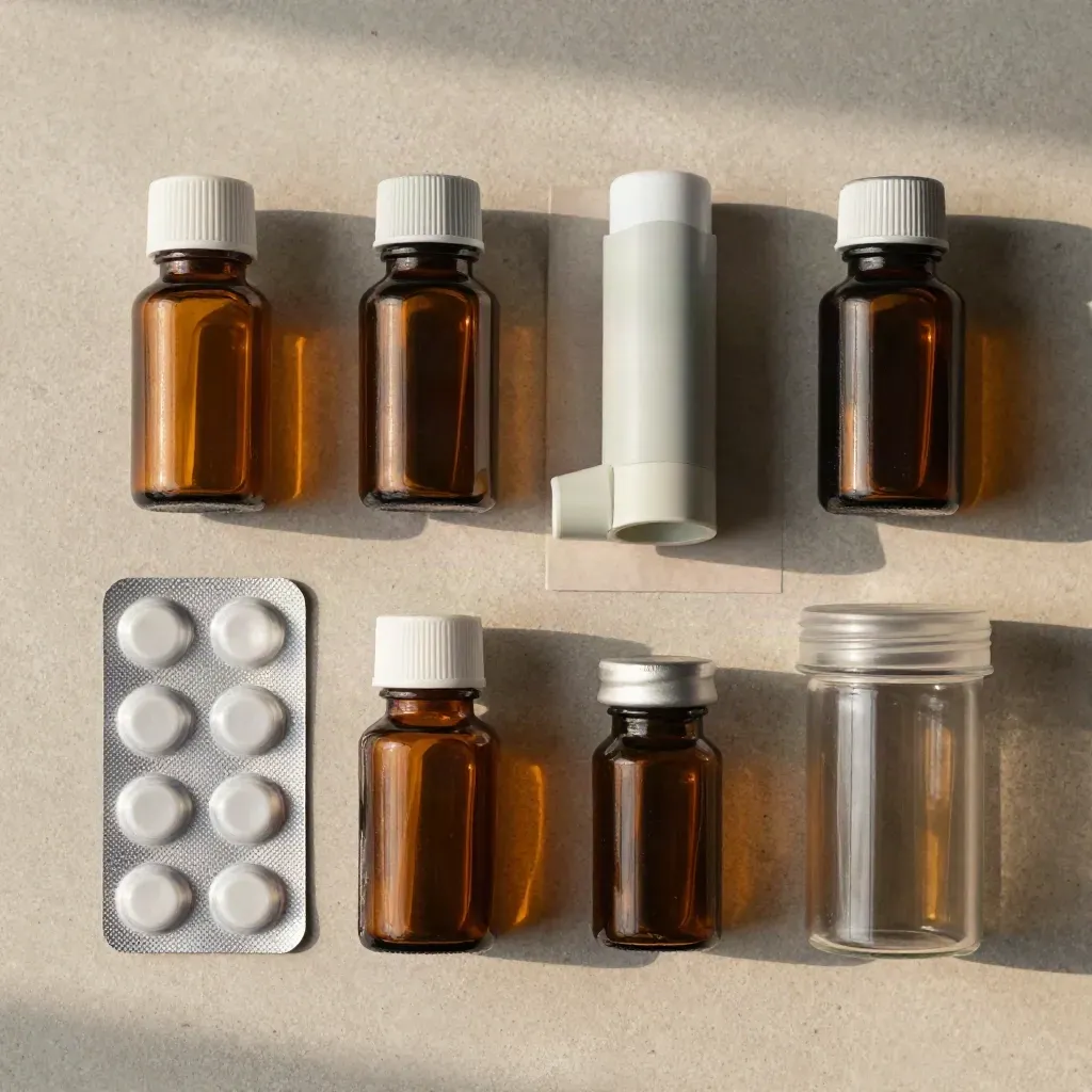 Overhead flatlay of amber medicine bottles, inhaler, blister strip and specimen jar on pale stone.
