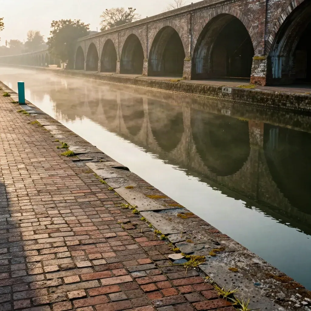 Brick canal edge, old arches, still water and warm haze with calm copy space