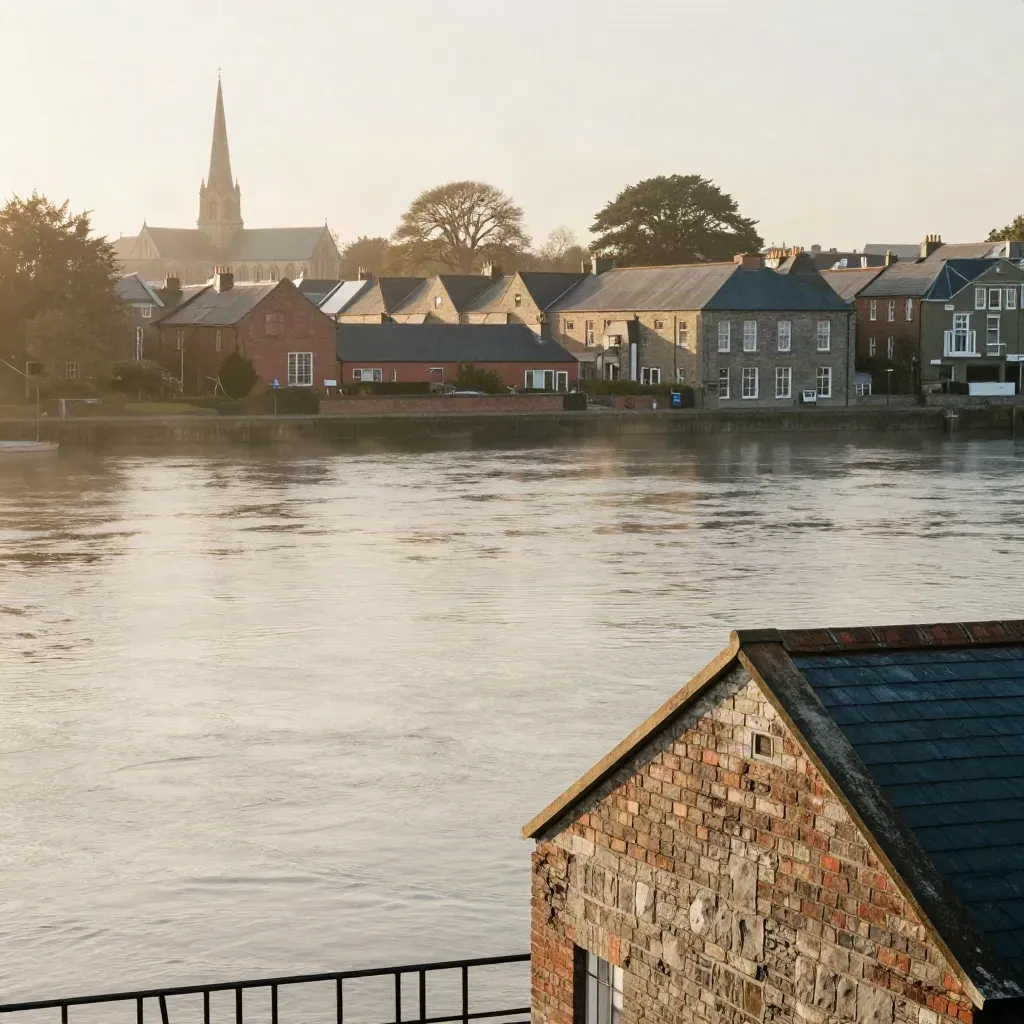 Kingston riverside rooftops and church spire above a calm hazy river for headline copy